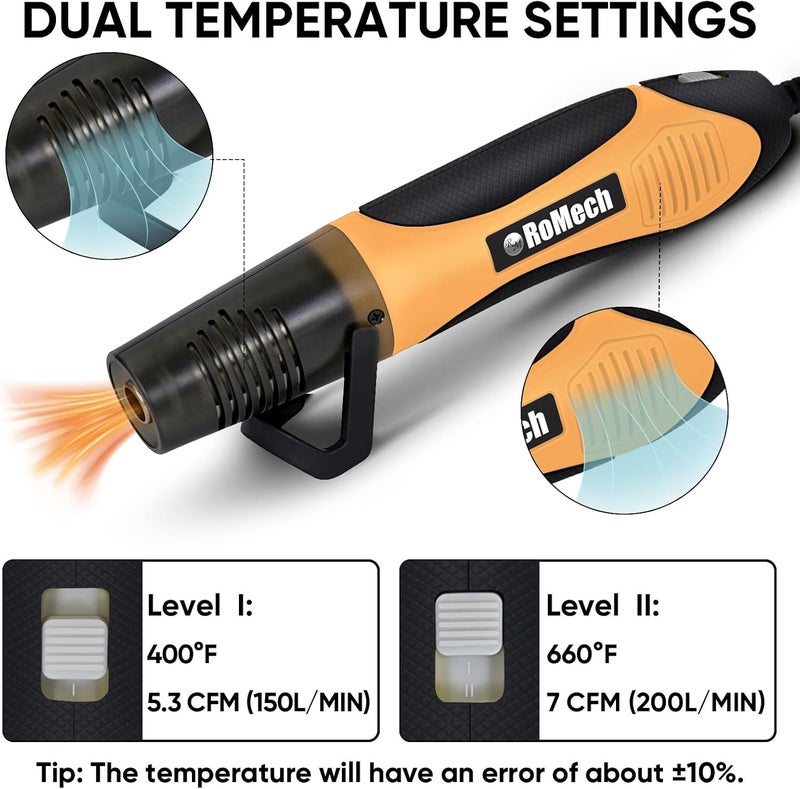 ROMECH 350W Heat Gun with 2 Nozzles, Dual Temp Heat Gun 400°F-660°F, Fast Heat Hot Air Gun with Overload Protection for DIY Craft Embossing Shrink Wrapping (Orange) - Image 2